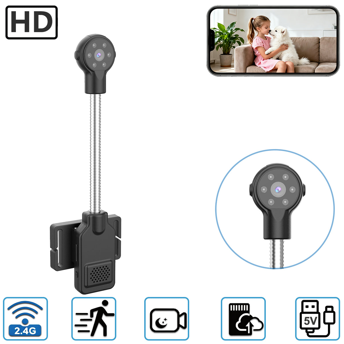 Flexible Gooseneck Security Camera, Magnetic Adhesive Mount 2.4G WiFi Indoor Camera, HD Night Vision, Motion Alert Push Notification, Two-Way Talk, USB 5V Powered, Local & Cloud Storage for Home Pet Baby Monitor